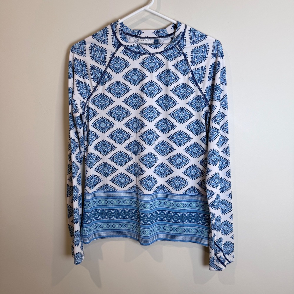 Cabana Life Long Sleeve Rash Guard Top Blue White‎ Swim Beach Sun Protection